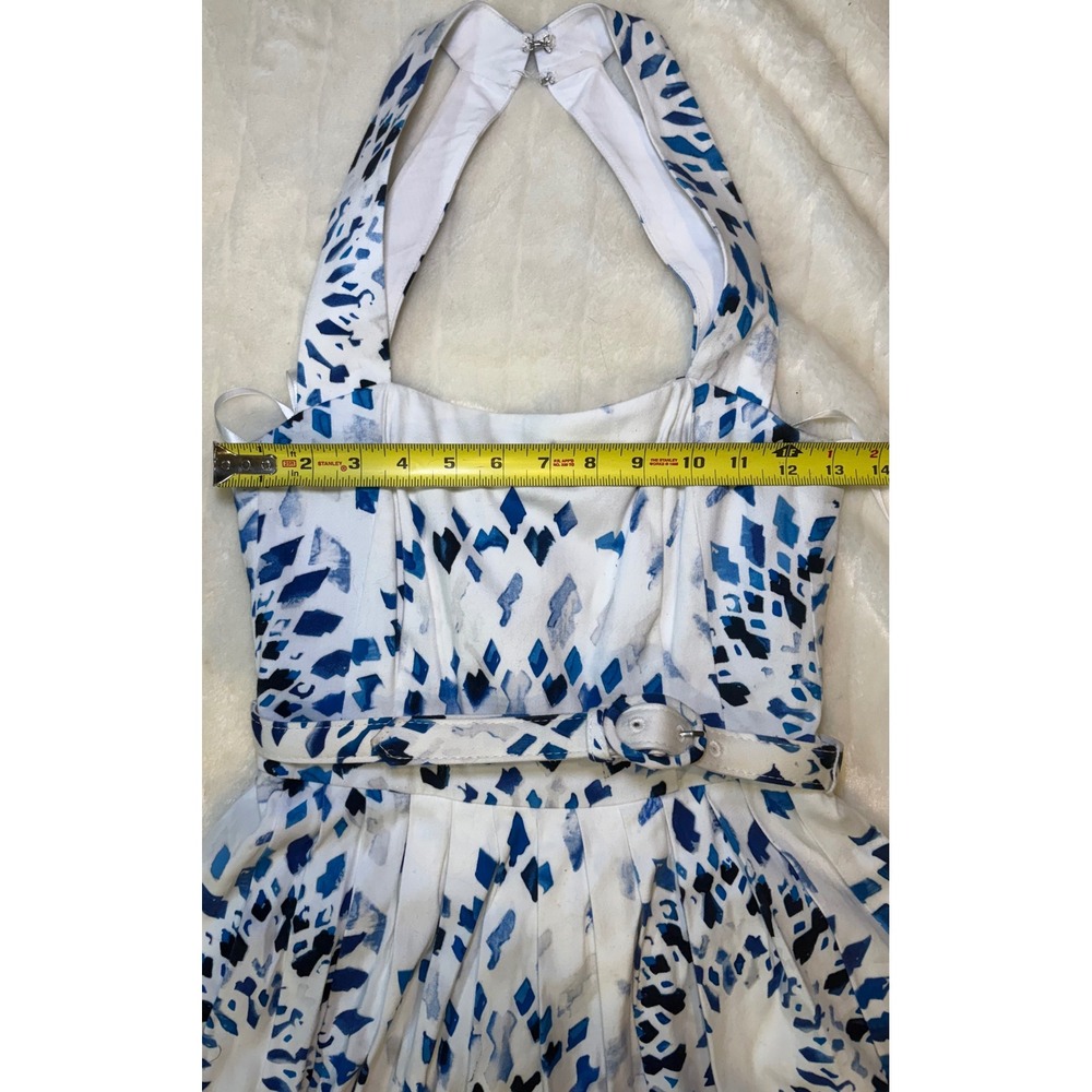 WHBM dress Blue White Geometric Diamond Print Halter Fit & Flare Sunburst Belted - Picture 6 of 11